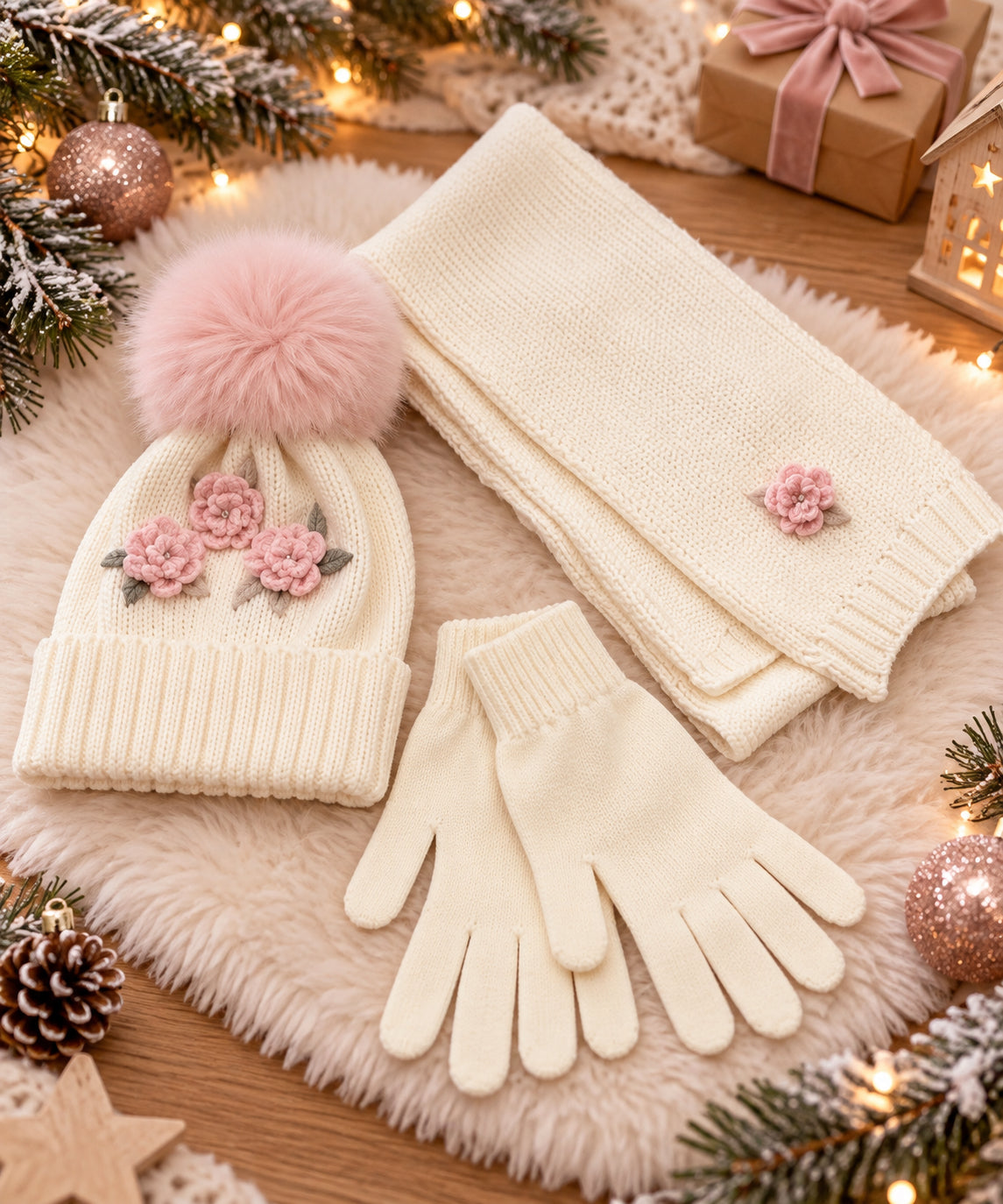 Echarpe bonnet et gants blancs à fleurs