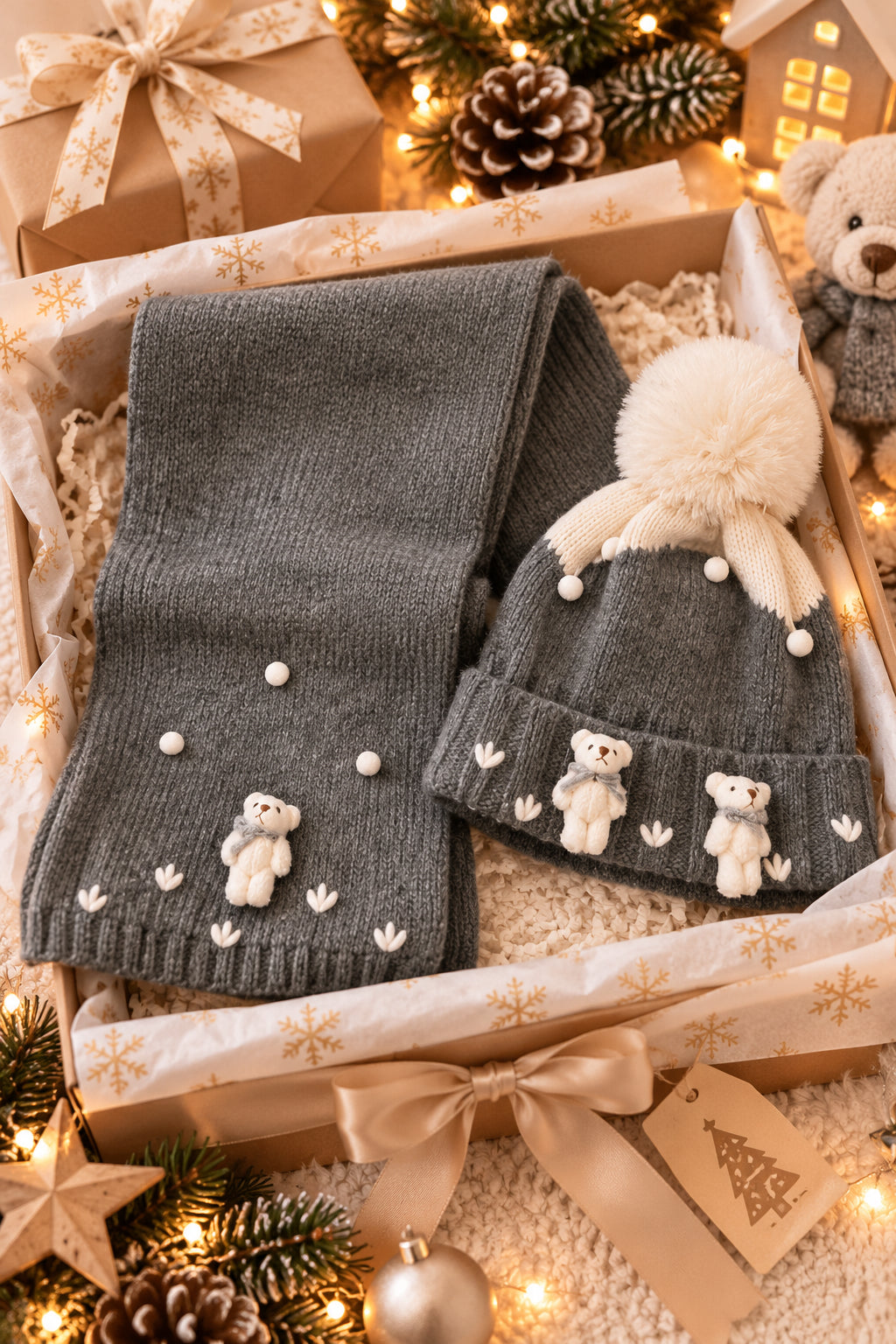 Bonnet et écharpe gris à motif oursons
