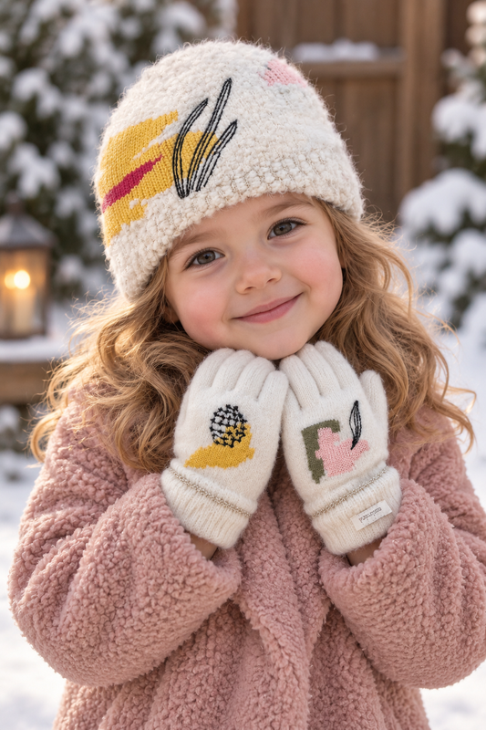Set bonnet et gants blanc avec motifs