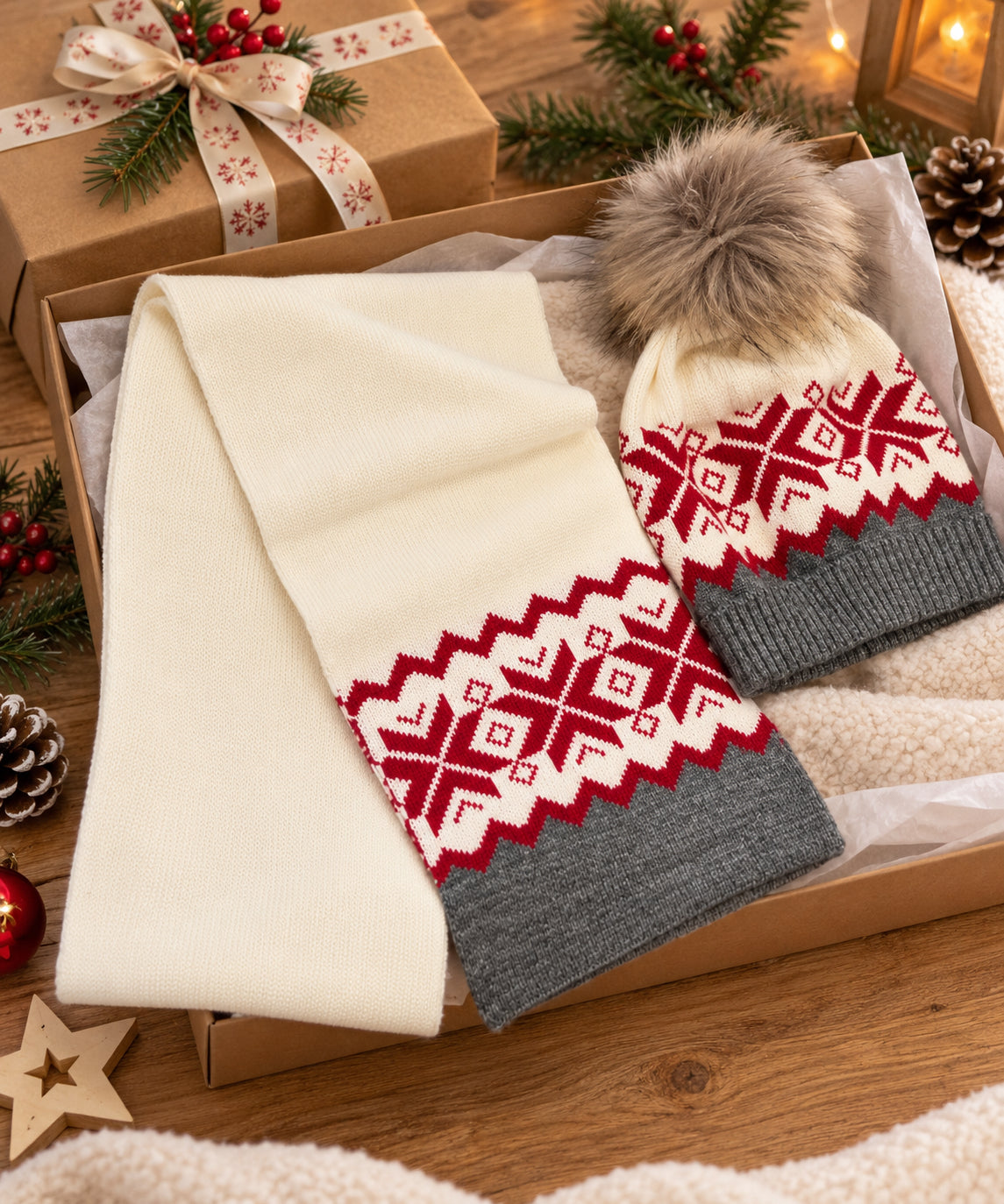 Bonnet et écharpe blancs et rouges