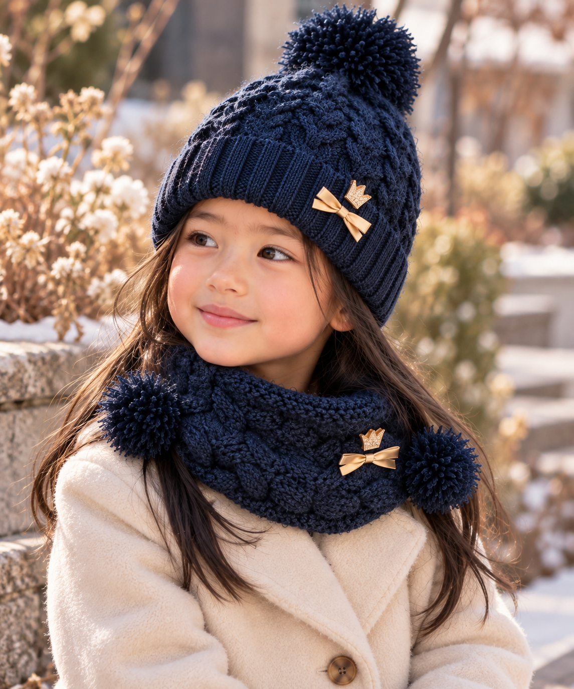 Set bonnet et écharpe bleu à pompon